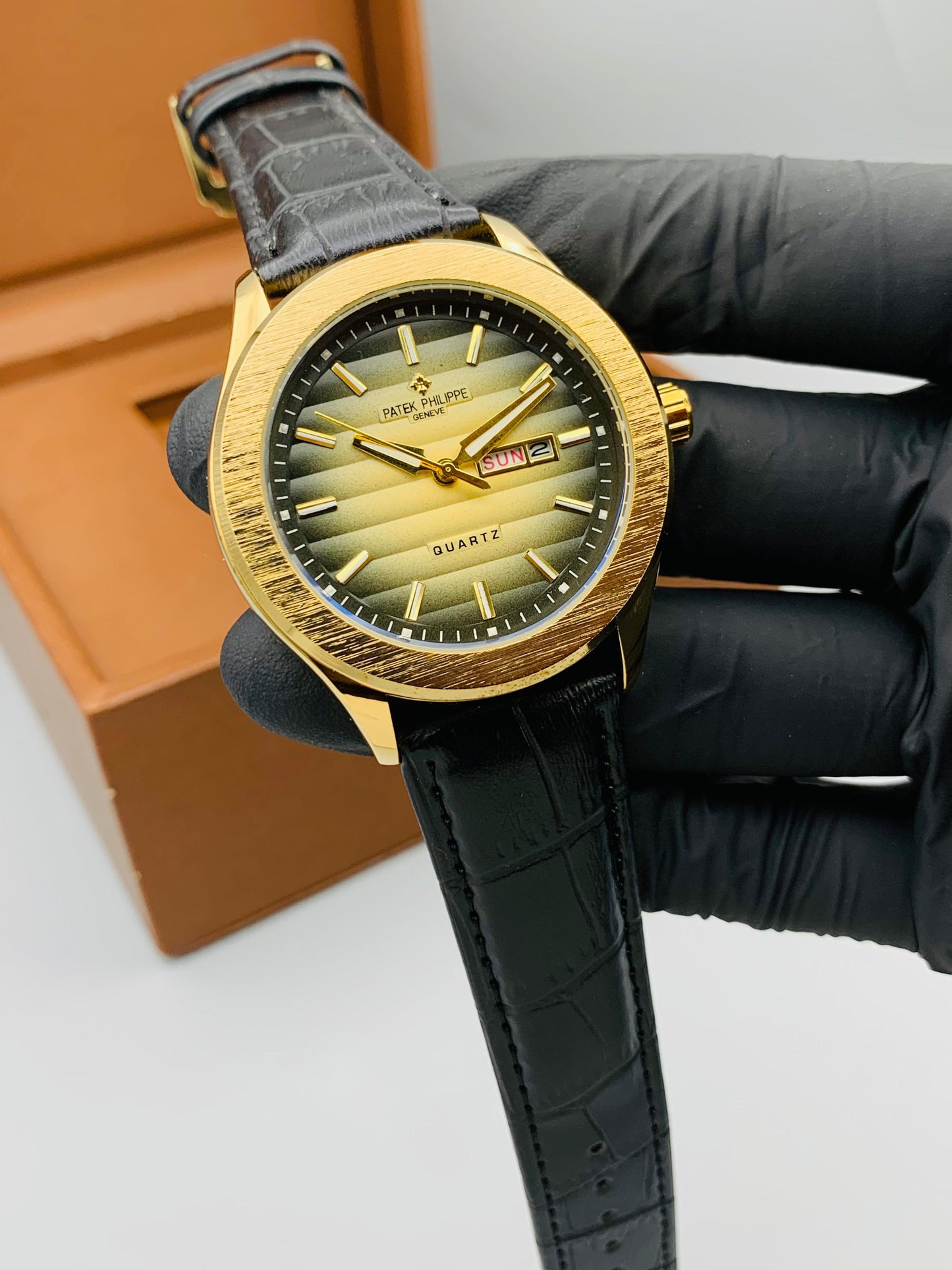 Men Classic Black Leather Strap Watch - Golden Dial