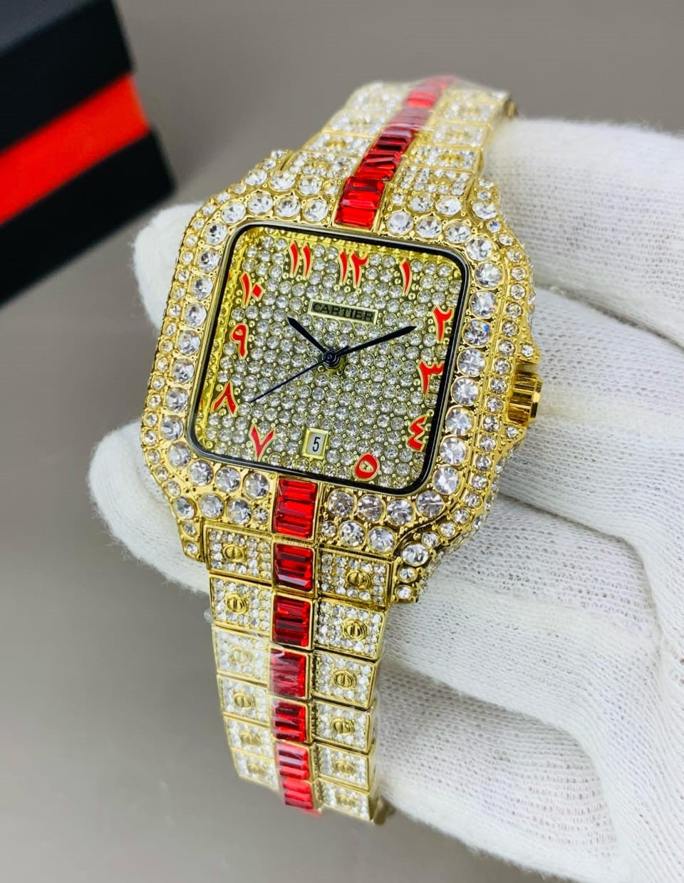 Branded Arabic Diamond Watch For Men's - Red Strip