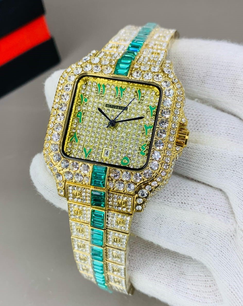 Branded Arabic Diamond Watch For Men's - Green Strip