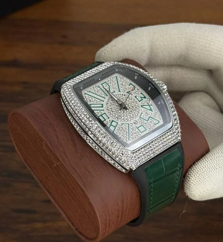 Men's Branded Watch - Silver Dial Green Strap