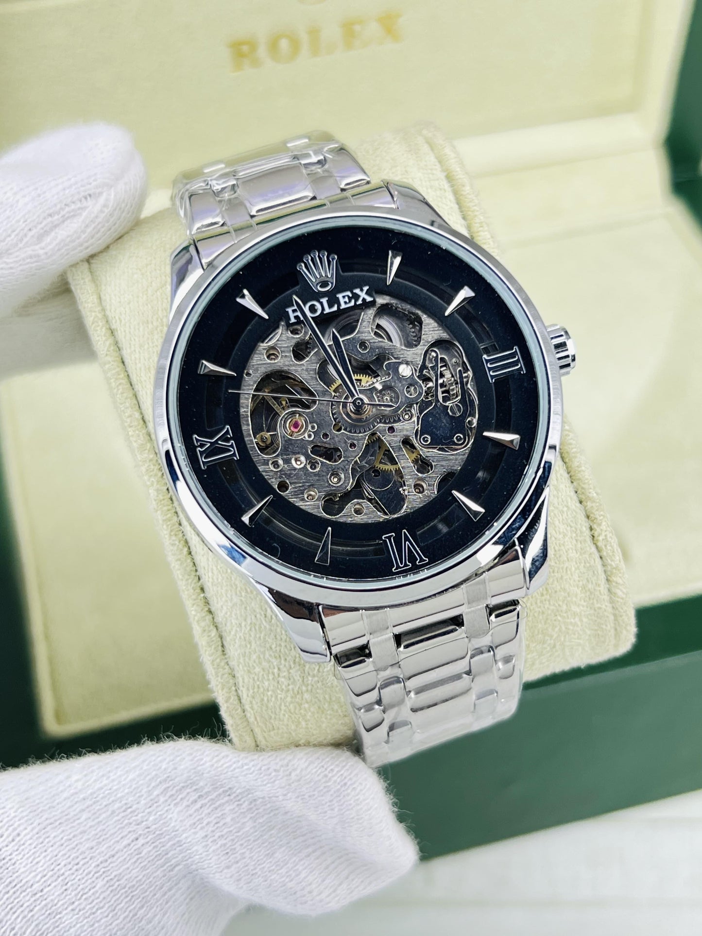 Automatic Skeleton Watch for Men's - Silver Black Dial