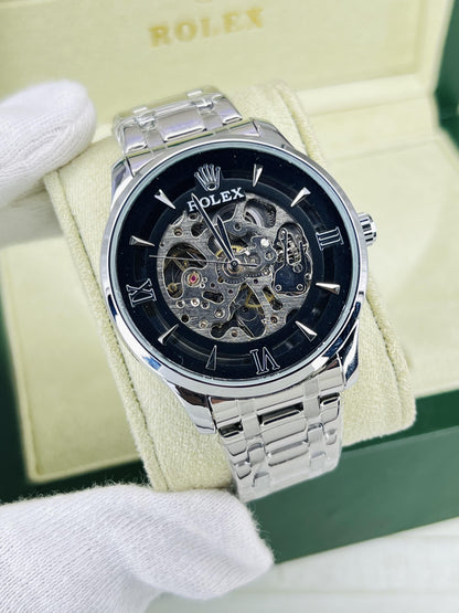 Automatic Skeleton Watch for Men's - Silver Black Dial