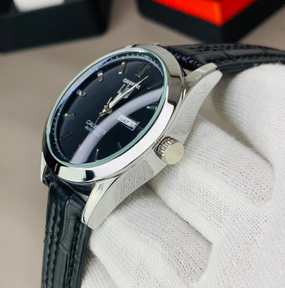 Men's Branded Black Leather Strap Watch