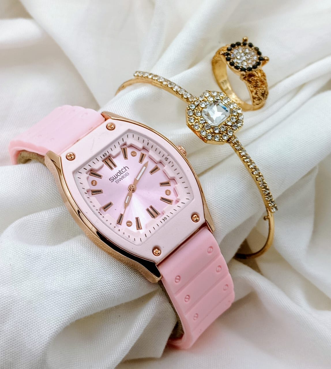 Swatch Female Pink Watch, Bangle, and Ring