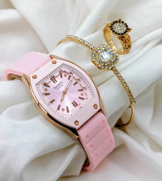 Swatch Female Pink Watch, Bangle, and Ring