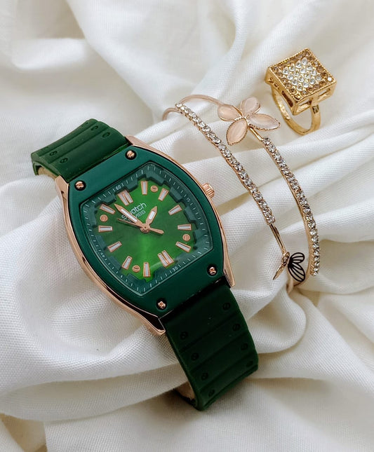 Swatch Female Green Watch, Bangle, and Ring