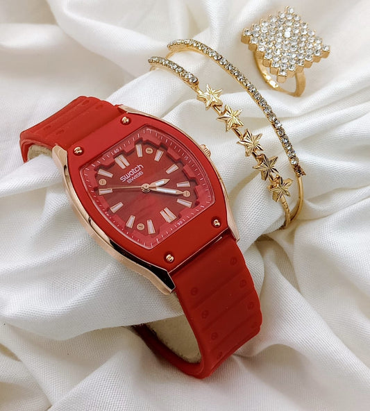 Swatch Female Red Watch, Bangle, and Ring