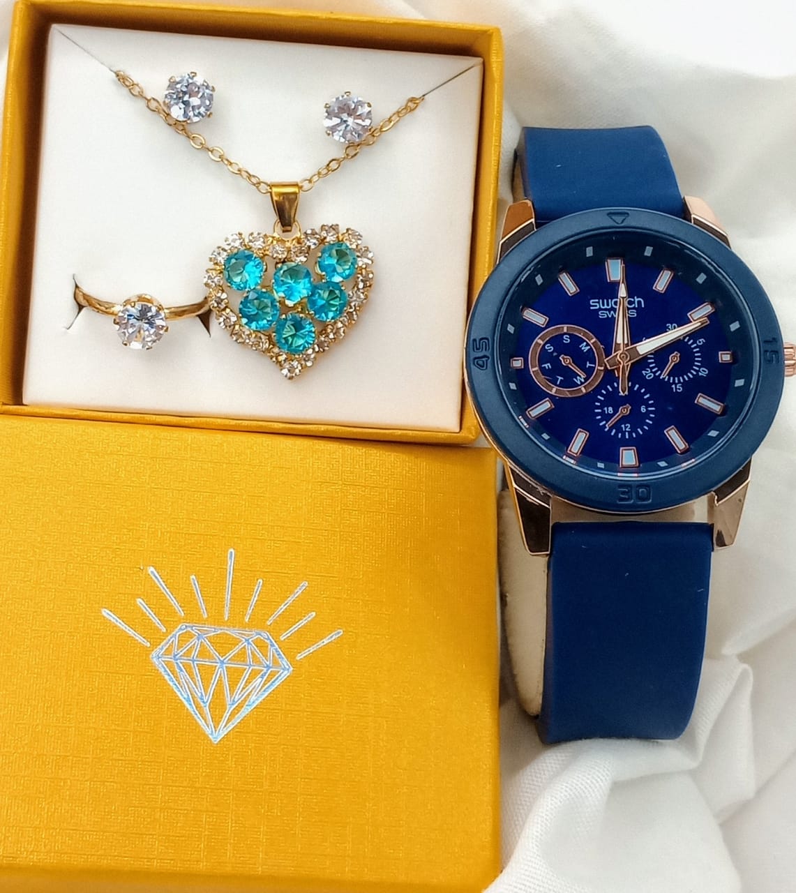 Swatch Navy Blue Watch With Jewelry set.