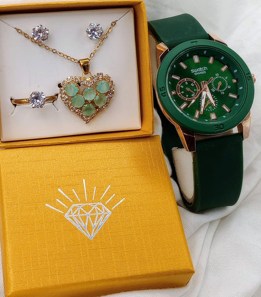 Swatch Green Watch With Jewelry set.