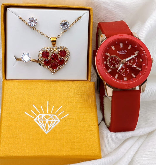 Swatch Red Watch With Jewelry set.