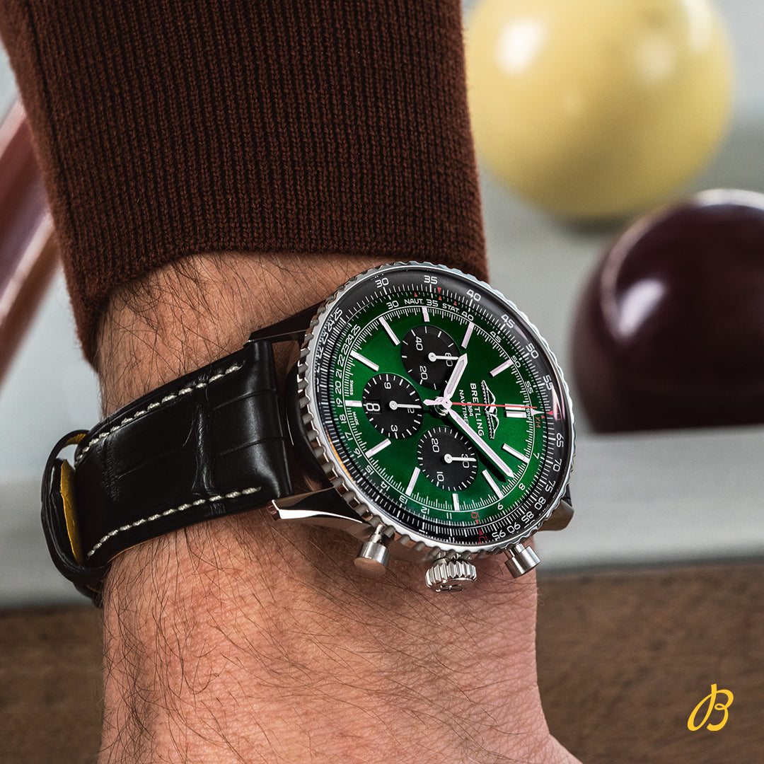 Chronograph Branded Leather Strap Men's Watch - Green Dial