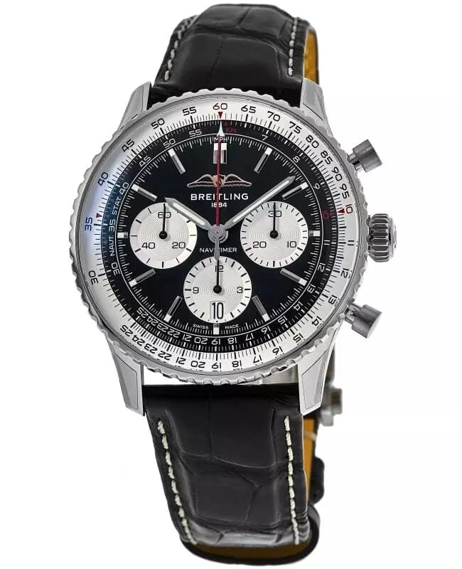 Chronograph Branded Leather Strap Men's Watch - Black Dial