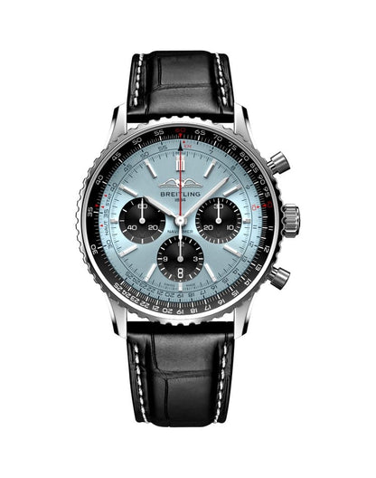 Chronograph Branded Leather Strap Men's Watch - Blue Dial