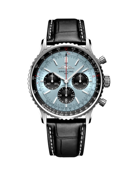 Chronograph Branded Leather Strap Men's Watch - Blue Dial