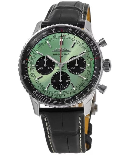 Chronograph Branded Leather Strap Men's Watch - Green Dial