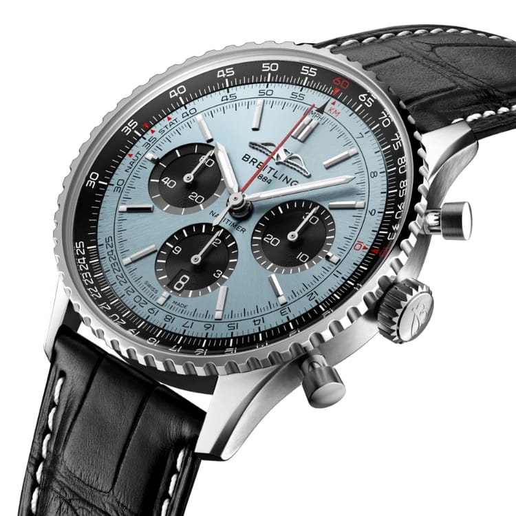 Chronograph Branded Leather Strap Men's Watch - Blue Dial