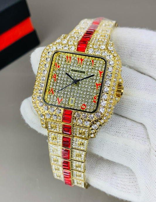 Branded Arabic Diamond Watch For Men's - Red Strip