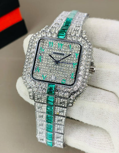 Branded Arabic Diamond Watch For Men's - Green Strip