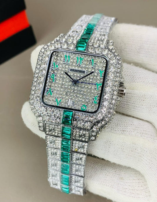 Branded Arabic Diamond Watch For Men's - Green Strip