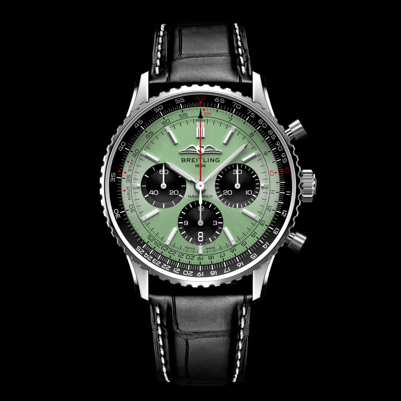 Chronograph Branded Leather Strap Men's Watch - Green Dial